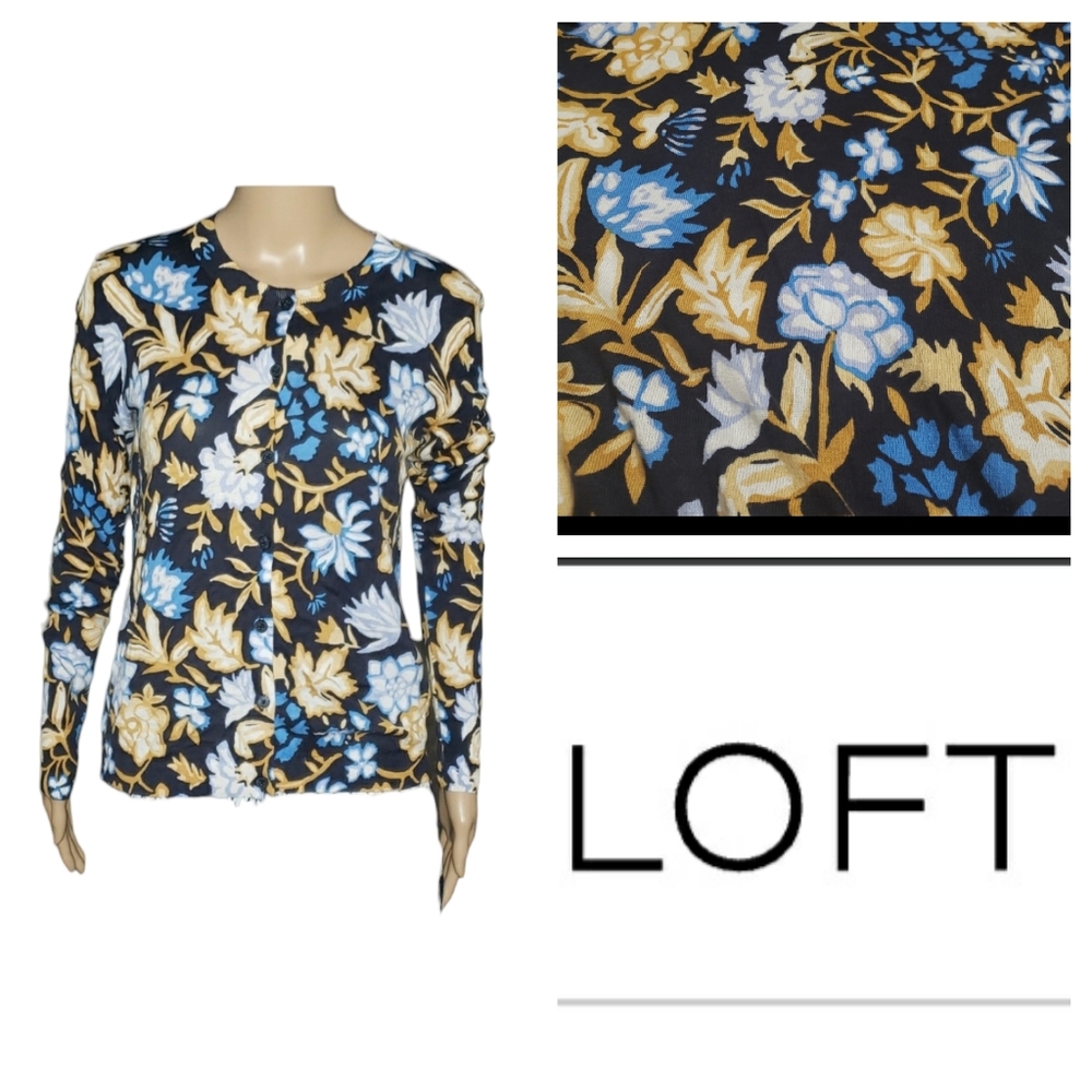 Loft s decadent floral print light weight cardigan navy blue